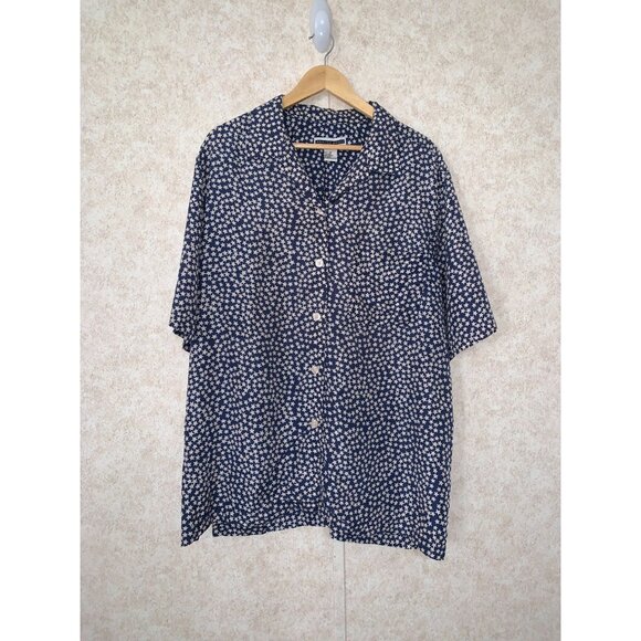 Vtg Jennifer Moore Women's Navy White Stars 100% Silk Button Down Size 2X - Picture 2 of 9